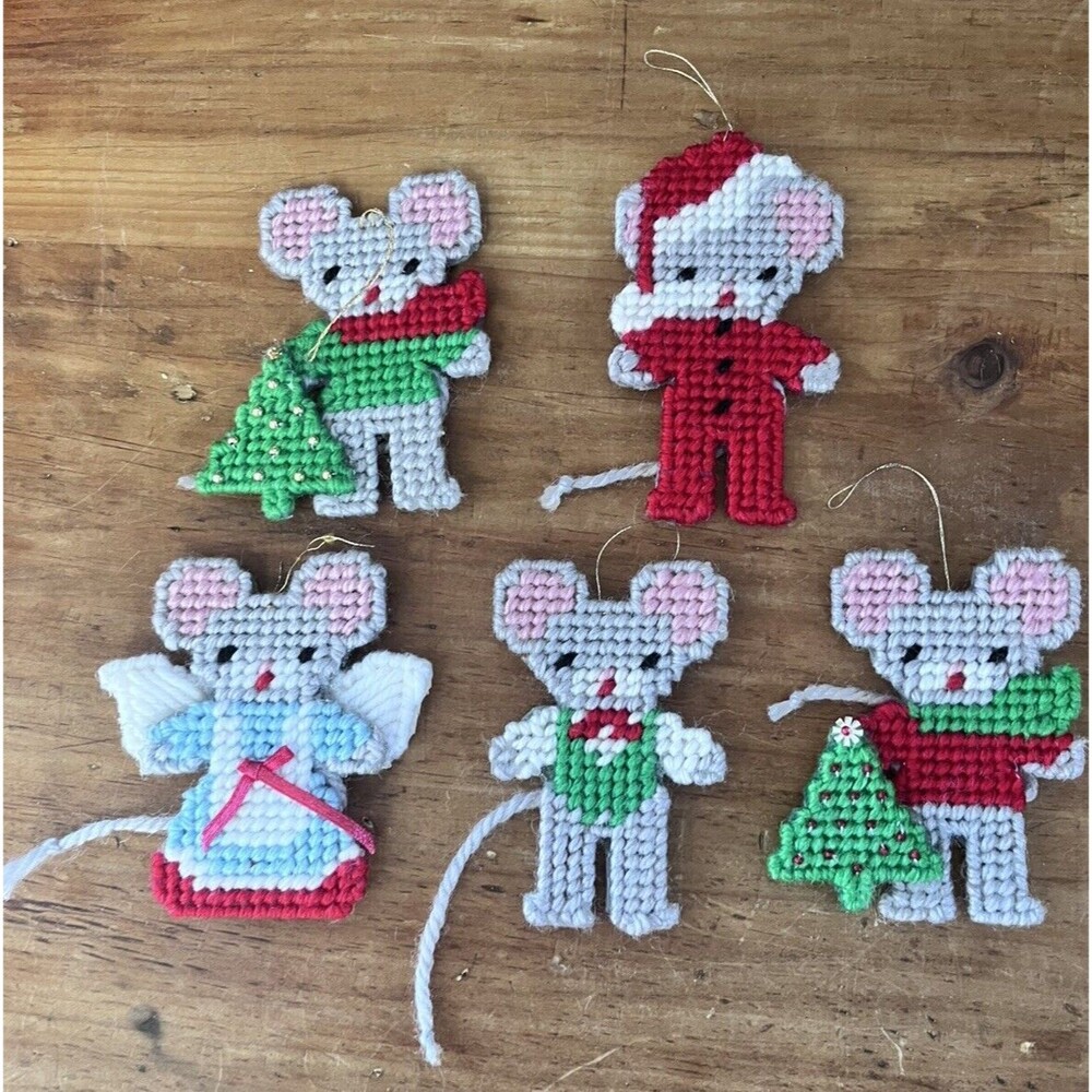Handmade Vtg Mice Needlepoint Ornaments Set of 5 Beaded Christmas Holiday